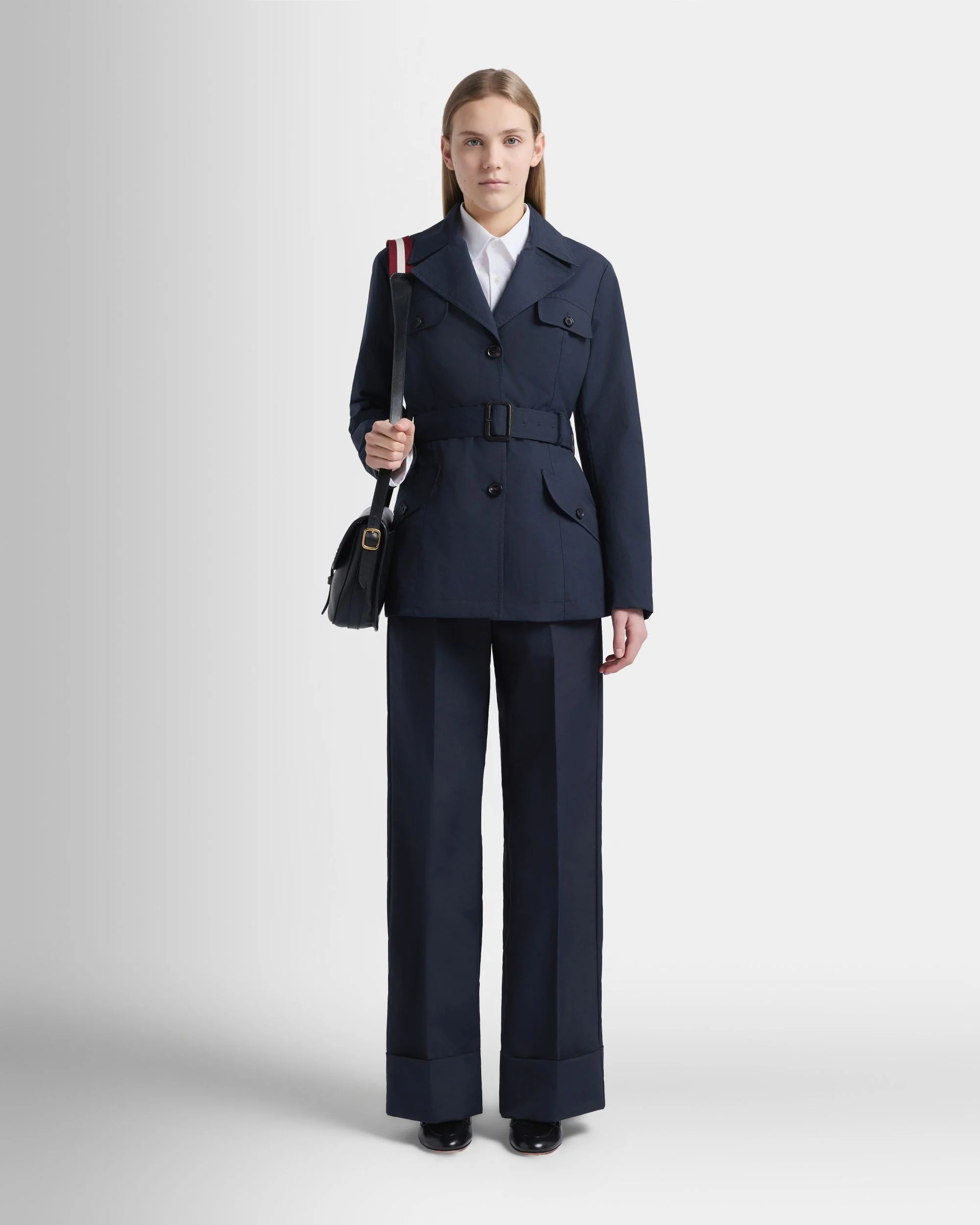 Belted Jacket in Navy Blue Nylon - Image 2